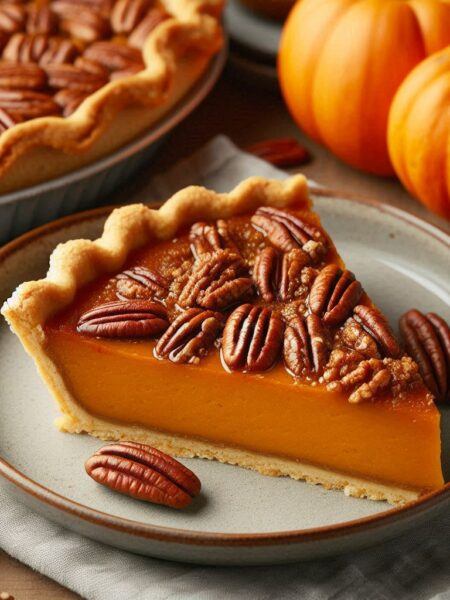 Pumpkin-pecan-pie-and-piece-of-it-on-the-plate