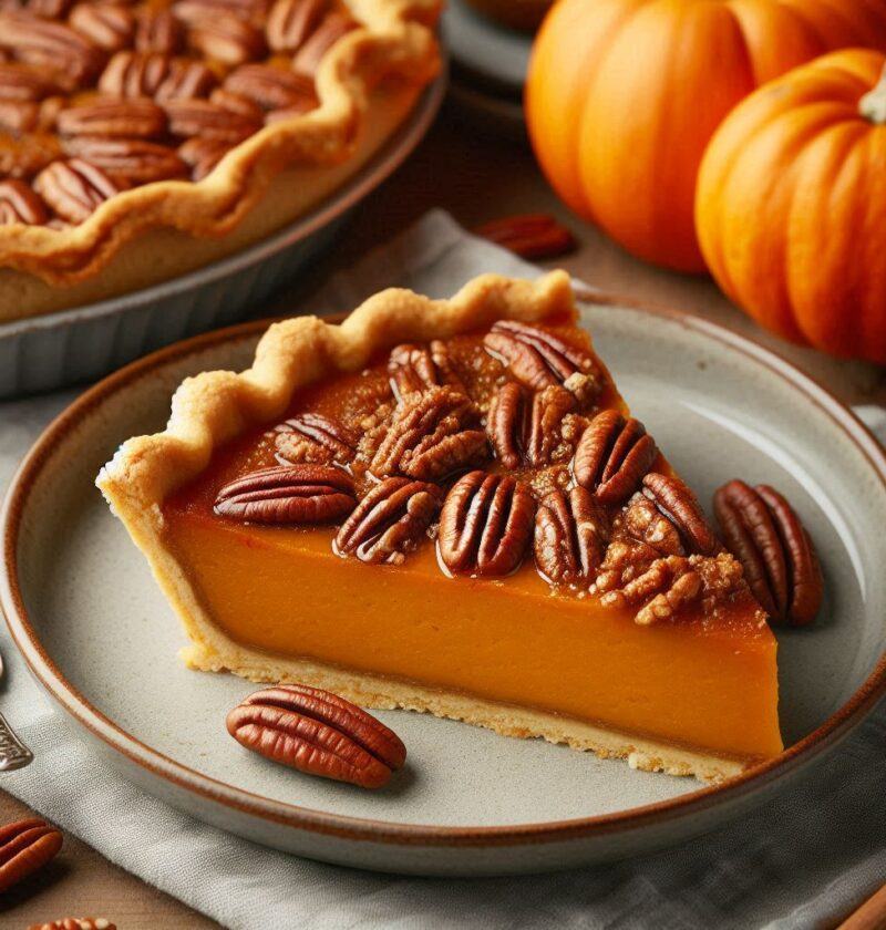 Pumpkin-pecan-pie-and-piece-of-it-on-the-plate