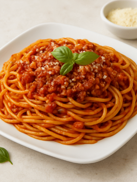 White-square-plate-with-Italian-spaghetti.