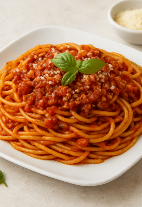 White-square-plate-with-Italian-spaghetti.
